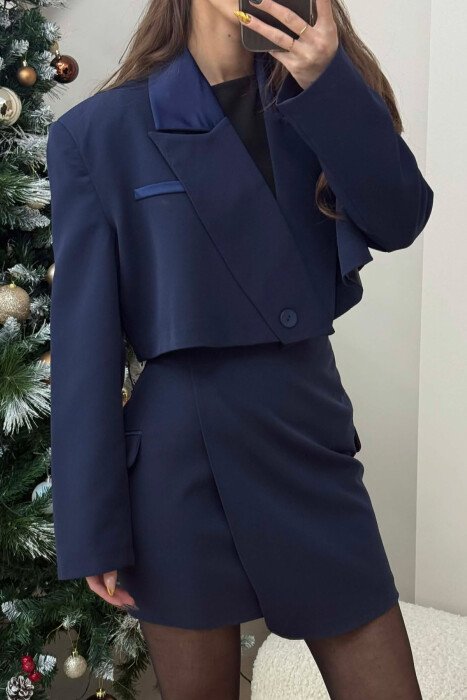 JACKET & SKIRT ONE COLOR WOMEN SET DARK BLUE/BEE - 4