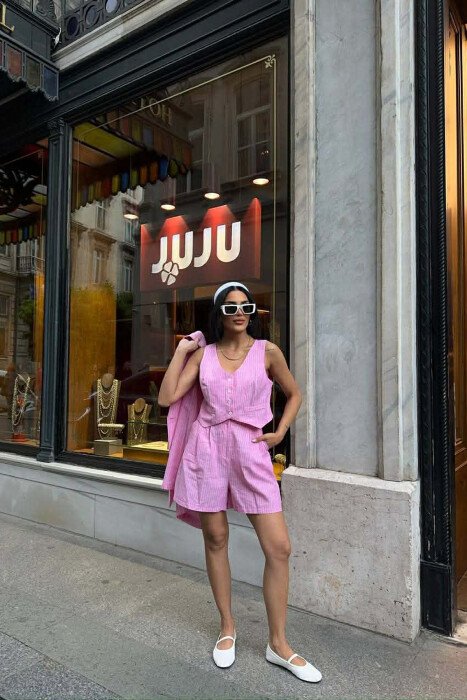 SET TRE PJESESH XHAKETE + JELEK + PANTALLONA PER FEMRA NE NGJYRE ROZE - KLAUDIO FASHION