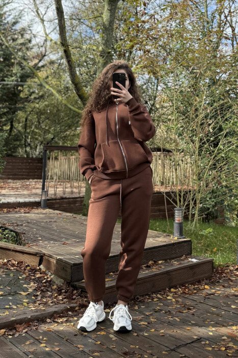 JACKET+JOGGERS ONE COLOR FLUFFY WOMEN SET BROWN/KAFE - 1