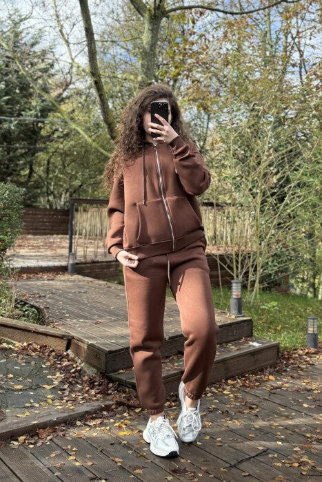 JACKET+JOGGERS ONE COLOR FLUFFY WOMEN SET BROWN/KAFE - 2
