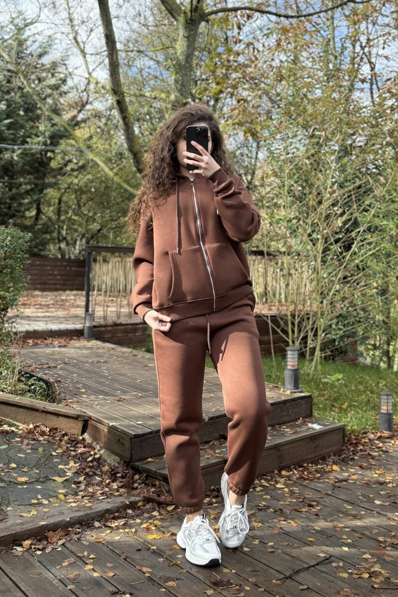 JACKET+JOGGERS ONE COLOR FLUFFY WOMEN SET BROWN/KAFE - 2