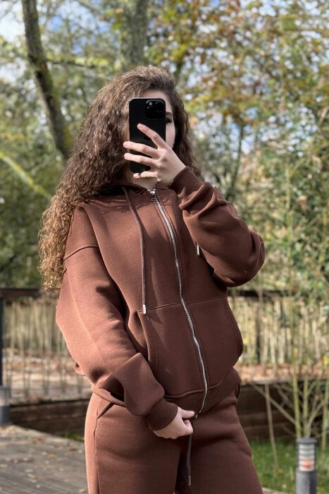 JACKET+JOGGERS ONE COLOR FLUFFY WOMEN SET BROWN/KAFE - 3