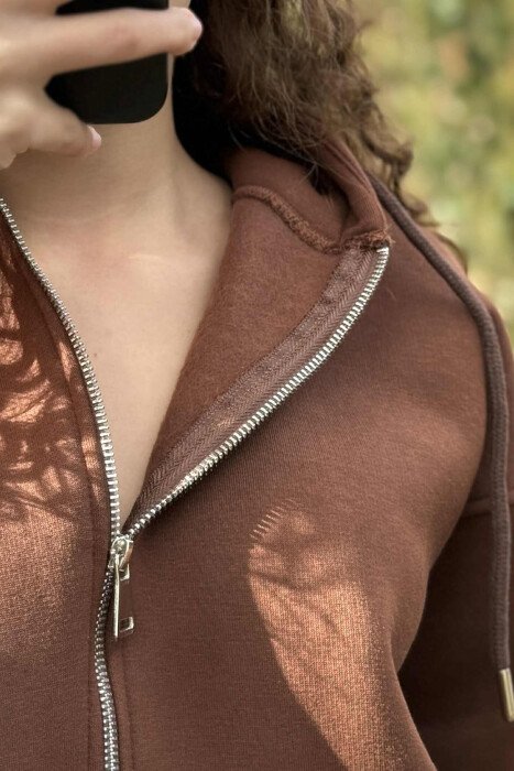 JACKET+JOGGERS ONE COLOR FLUFFY WOMEN SET BROWN/KAFE - 4