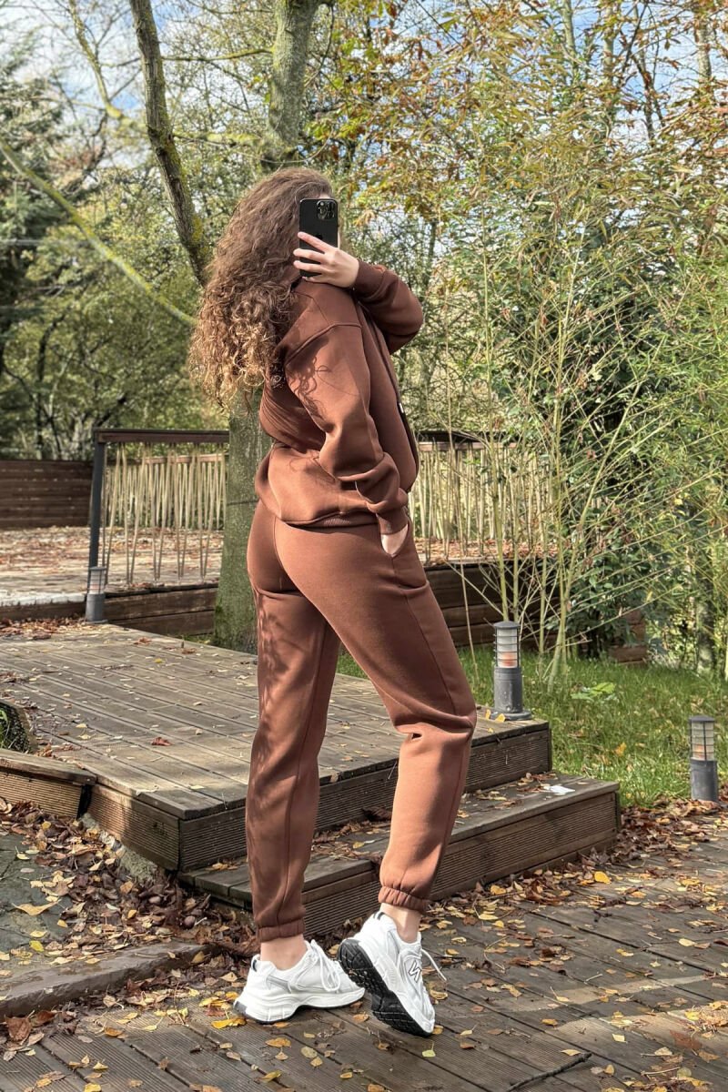 JACKET+JOGGERS ONE COLOR FLUFFY WOMEN SET BROWN/KAFE - 5