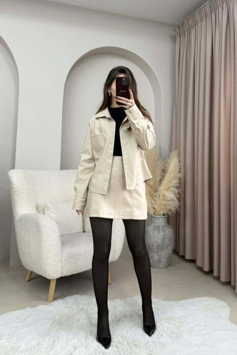JACKET+SKORT ONE COLOR LEATHER WOMEN SET BEIGE/BEZHE 