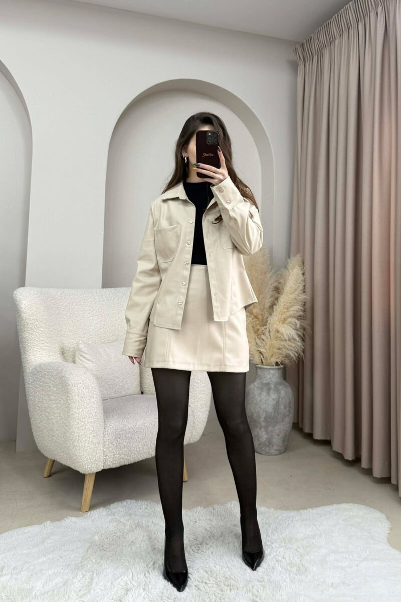 JACKET+SKORT ONE COLOR LEATHER WOMEN SET BEIGE/BEZHE - 1