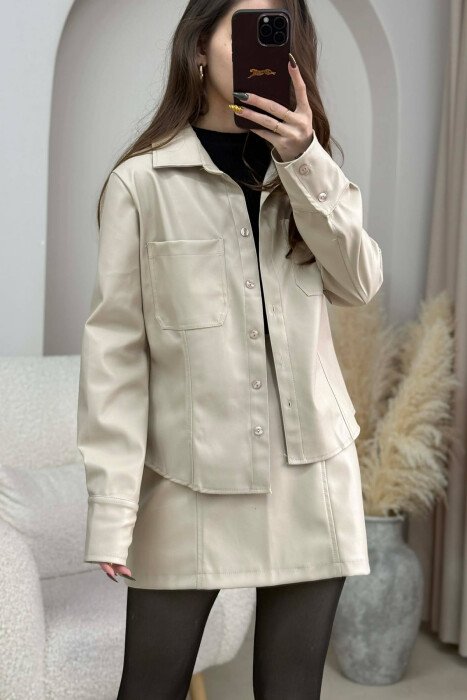 JACKET+SKORT ONE COLOR LEATHER WOMEN SET BEIGE/BEZHE - 3