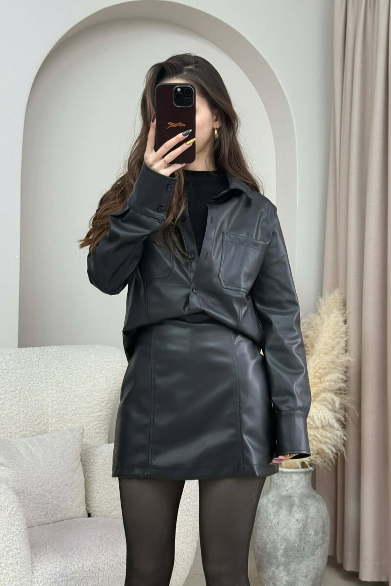 JACKET+SKORT ONE COLOR LEATHER WOMEN SET BLACK/ E ZEZE - 4