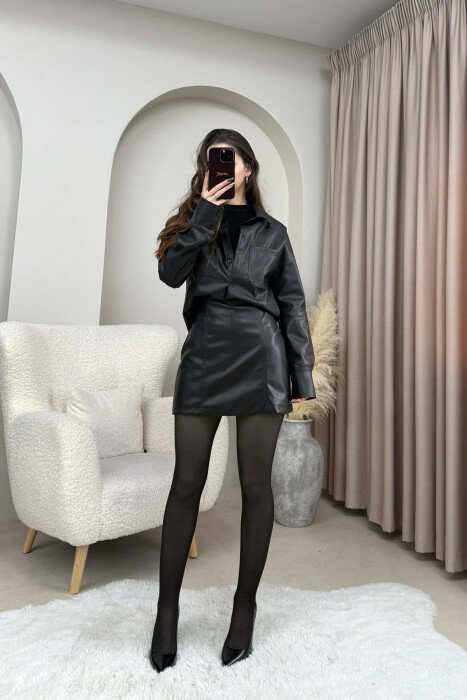 JACKET+SKORT ONE COLOR LEATHER WOMEN SET BLACK/ E ZEZE 