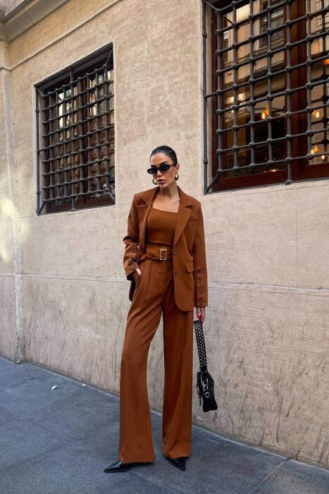 JACKET+TANK TOP+TROUSERS 3 PIECE WOMEN SET BROWN/KAFE - KLAUDIO FASHION