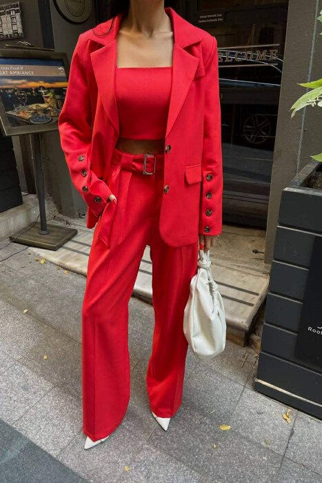JACKET+TANK TOP+TROUSERS 3 PIECE WOMEN SET RED/E KUQE - KLAUDIO FASHION