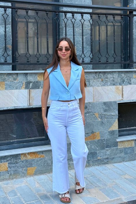JELEK I SHKURTER NJE NGJYRESH PER FEMRA NE NGJYRE BLU E ZBARDHUR - KLAUDIO FASHION