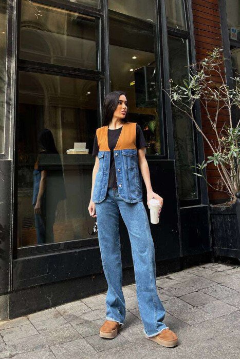 JELEK I THJESHTË GJYSMË XHINS PËR FEMRA NË NGJYRËN KAFE - 4