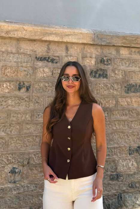 JELEK NJE NGJYRESH ME BUTONA GOLD PER FEMRA NE NGJYRE KAFE - KLAUDIO FASHION