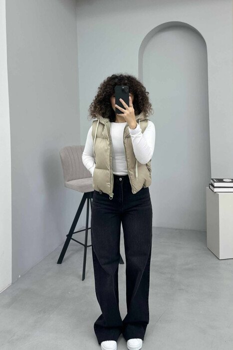 ONE COLOR HOOD ZIPPER WOMEN VEST DARK BEIGE/BEZHE ERRET - 2