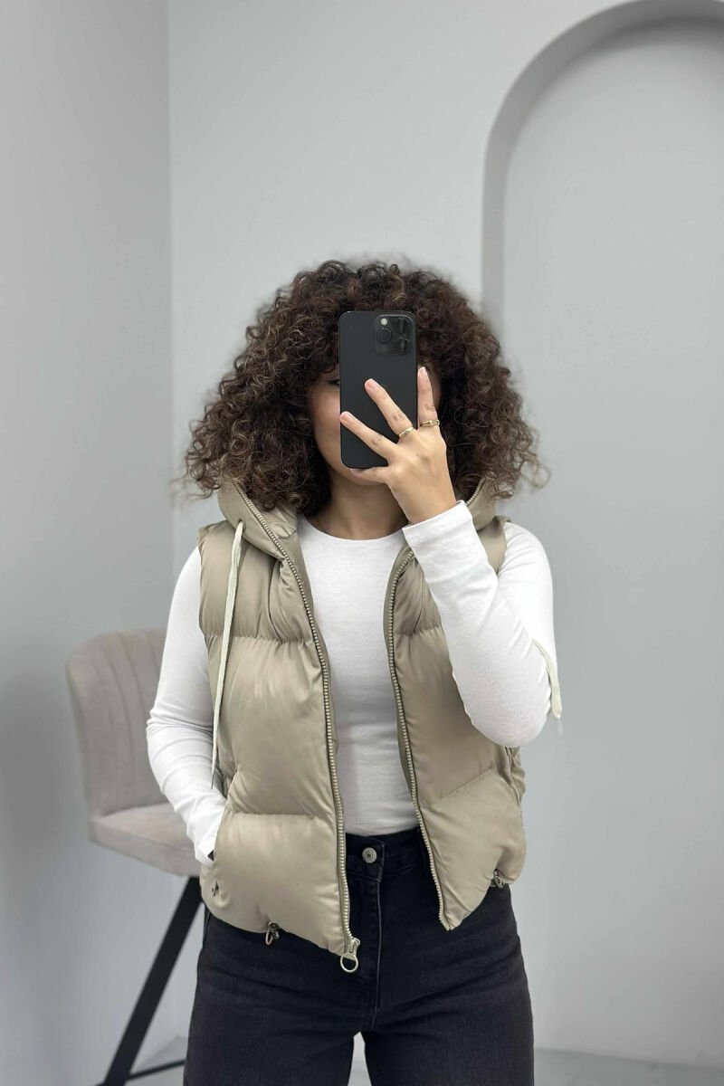 ONE COLOR HOOD ZIPPER WOMEN VEST DARK BEIGE/BEZHE ERRET - 3