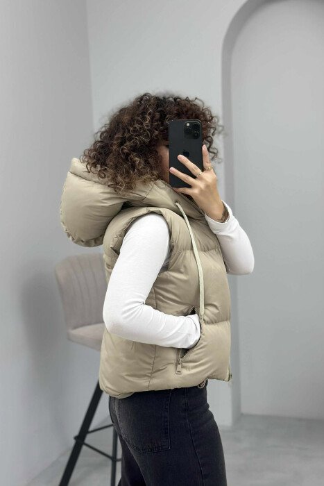 ONE COLOR HOOD ZIPPER WOMEN VEST DARK BEIGE/BEZHE ERRET - 4