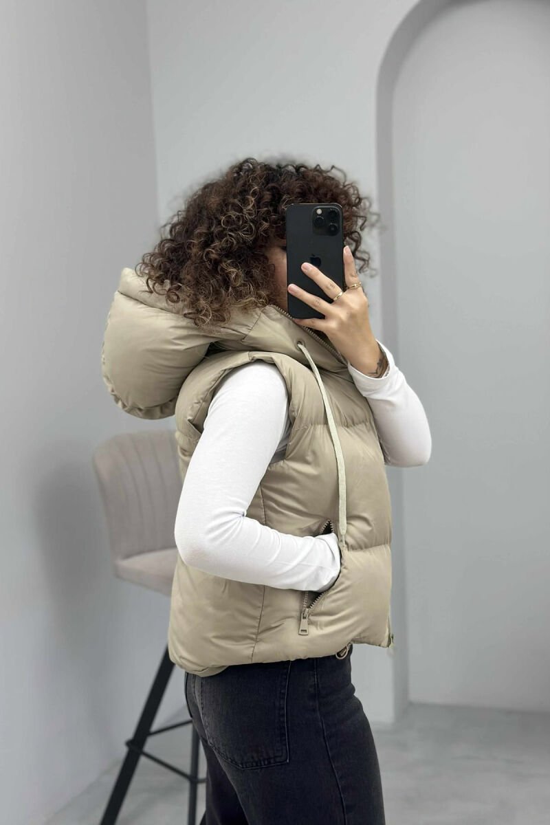 ONE COLOR HOOD ZIPPER WOMEN VEST DARK BEIGE/BEZHE ERRET - 4