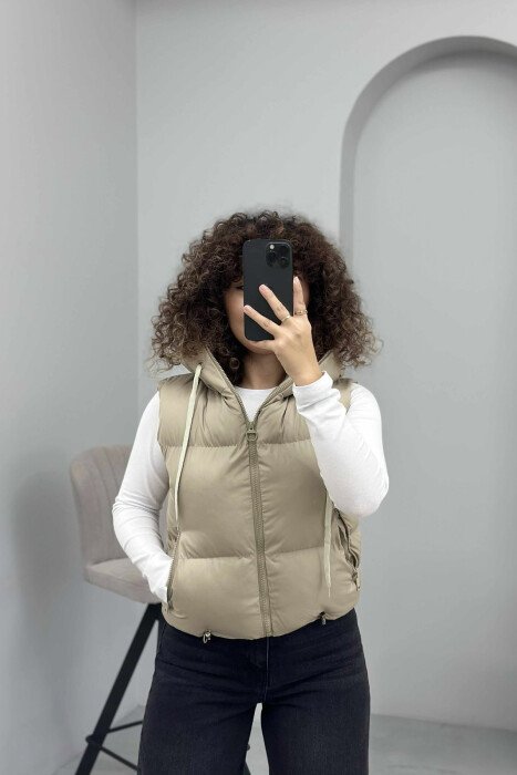 ONE COLOR HOOD ZIPPER WOMEN VEST DARK BEIGE/BEZHE ERRET - 5
