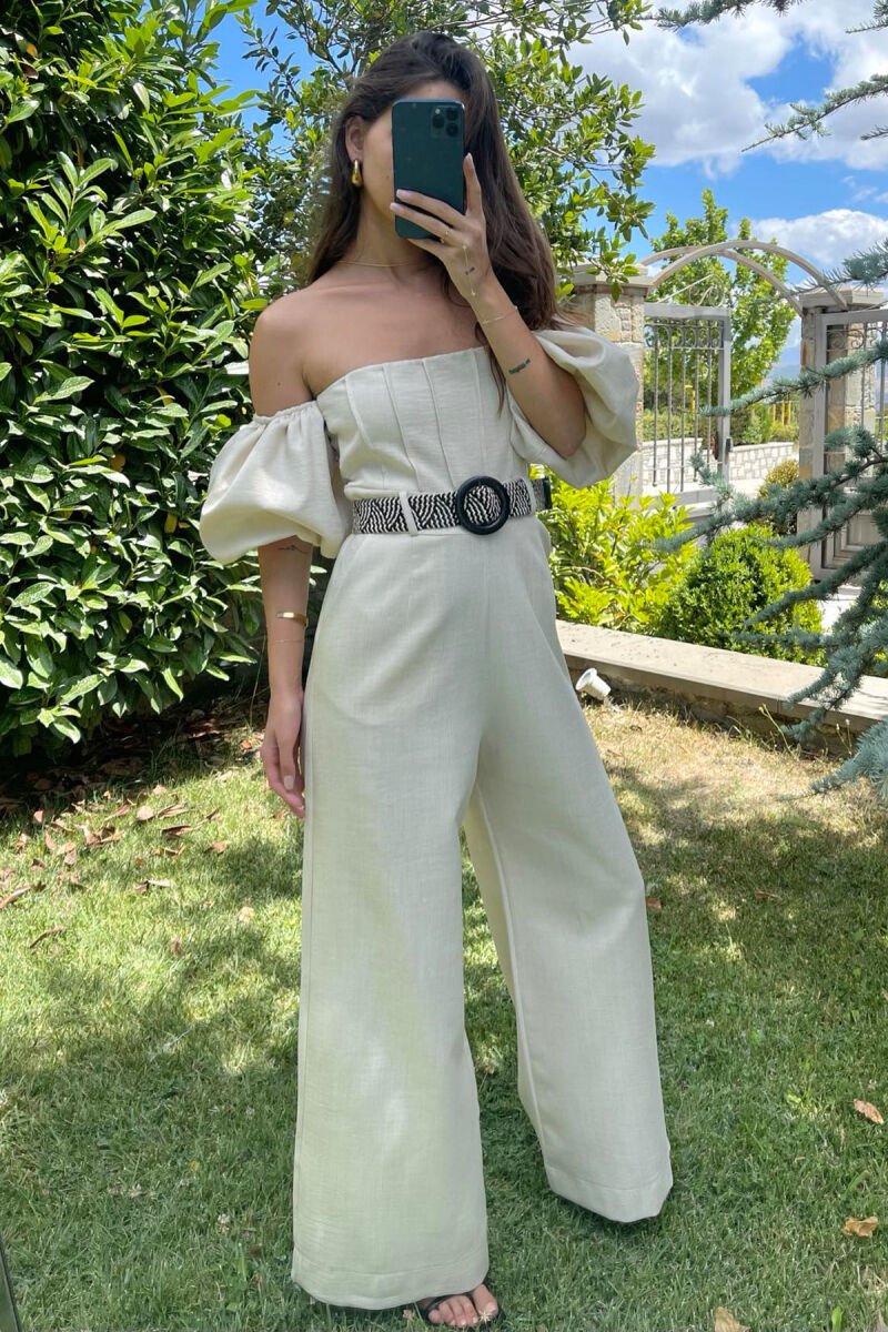 JUMPSUIT I THJESHTË ME DETAJIN E RRIPIT PËR FEMRA NË NGJYRËN KREM - 3