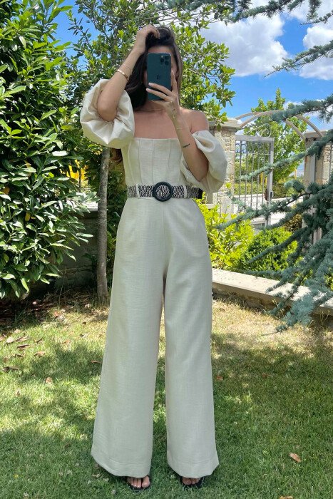 JUMPSUIT I THJESHTË ME DETAJIN E RRIPIT PËR FEMRA NË NGJYRËN KREM - 11