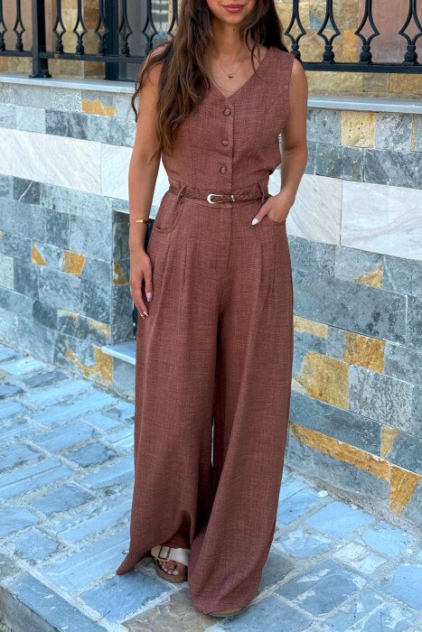 JUMPSUIT ME RRIP PER FEMRA NE NGJYRE KAFE - 4