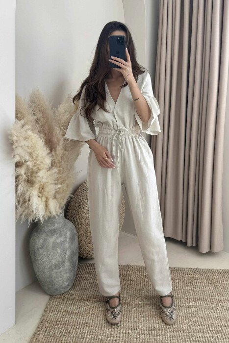 JUMPSUIT NJË NGJYRËSH I THJESHTË PËR FEMRA NË NGJYRËN KREM - 3