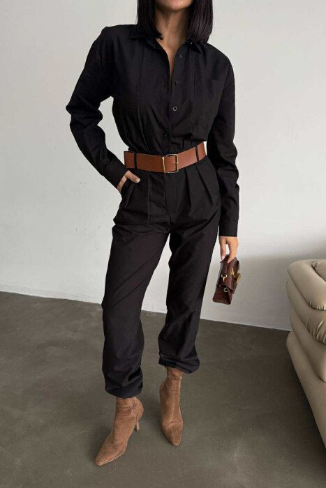 JUMPSUIT NJË NGJYRËSH ME DETAJIN E RRIPIT PËR FEMRA NË NGJYRË TË ZEZË - 4