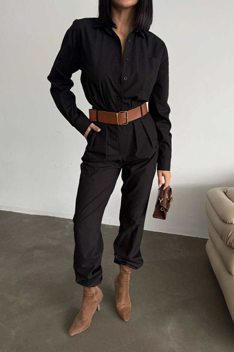 JUMPSUIT NJË NGJYRËSH ME DETAJIN E RRIPIT PËR FEMRA NË NGJYRË TË ZEZË - 4