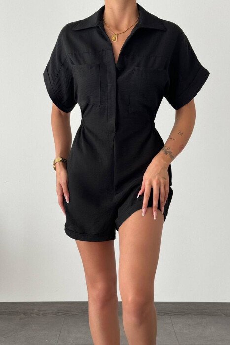 JUMPSUIT NJË NGJYRËSH ME JAKË POLO PËR FEMRA NË NGJYRËN E ZEZË - 7