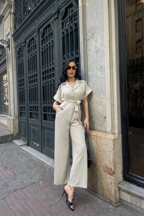 JUMPSUIT NJE NGJYRESH ME LIDHESE TEK BELI PER FEMRA NE NGJYRE BEZHE - 1