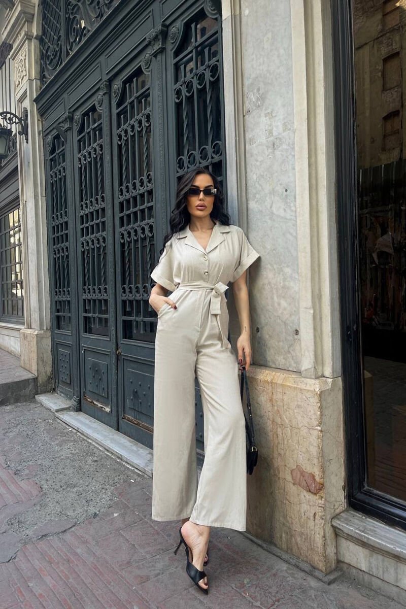 JUMPSUIT NJE NGJYRESH ME LIDHESE TEK BELI PER FEMRA NE NGJYRE BEZHE - 1