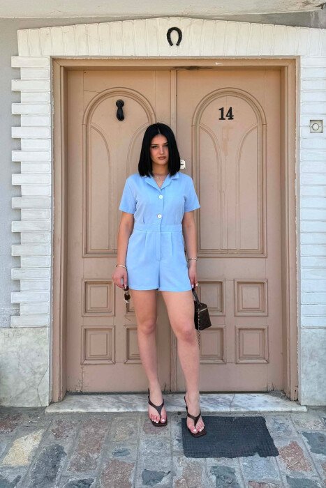 JUMPSUIT NJE NGJYRESH ME MENGE TE SHKURTRA PER FEMRA NE NGJYRE BLU TE ZBARDHUR - 2