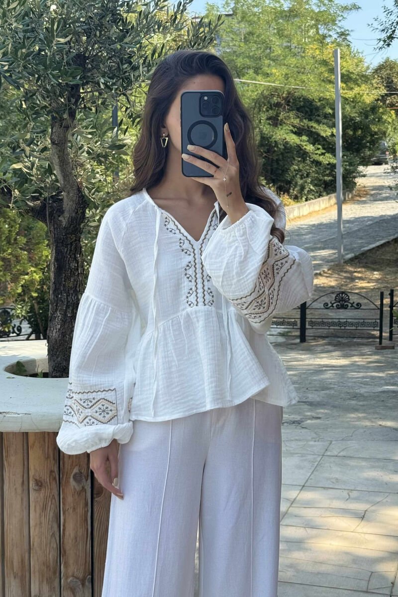 KËMISHË LINO ME MENGË TË GJATA DHE JAKË V PËR FEMRA NË NGJYRËN E BARDHË - 3