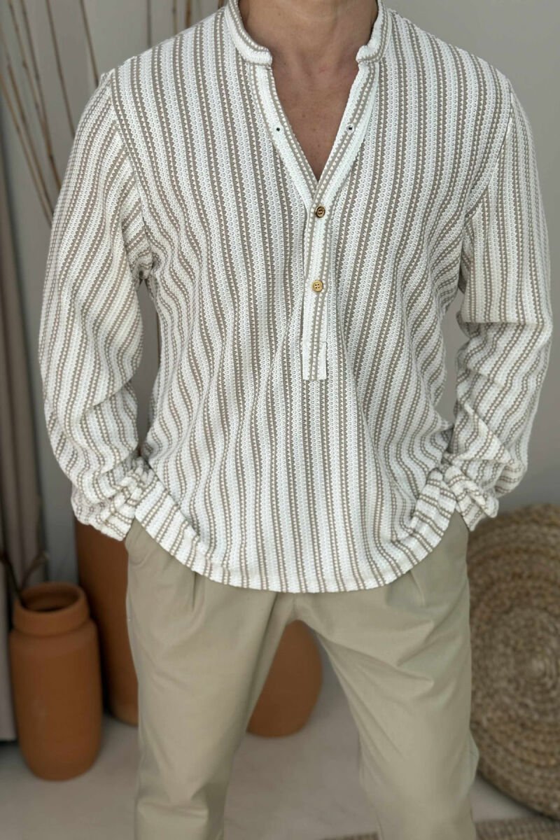 KËMISHË ME MËNGË TË GJATA DHE VIJA PËR MESHKUJ NË NGJYRË TË BARDHË+BEZHË - 2