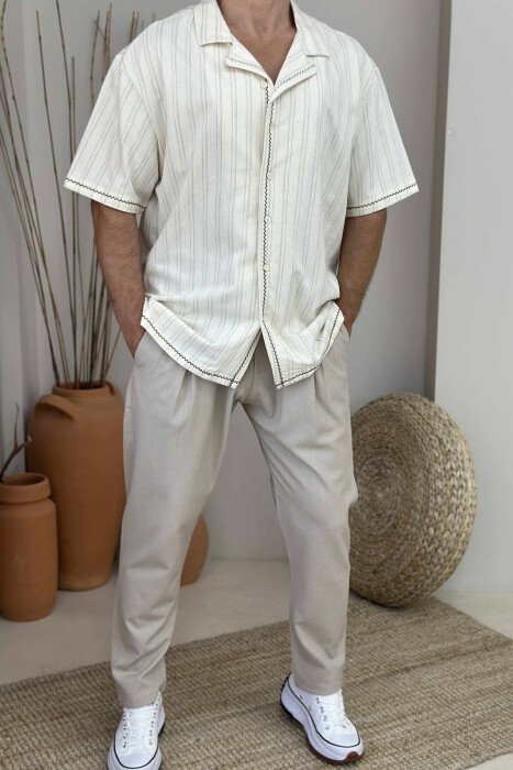 KËMISHË ME MËNGË TË SHKURTRA ME VIJA PËR MESHKUJ NË NGJYRËN BEZHË - 1