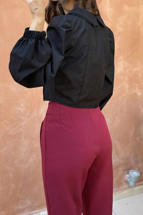 KËMISHË NJË NGJYRËSHE ME MËNGË TË GJATA DHE JAKË V PËR FEMRA NË NGJYRË TË ZEZË - 4