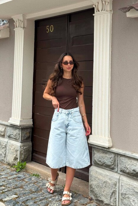 KNEE LENGTH BELT DETAIL WOMEN SHORTS LIGHTBLUE/BZ - 1