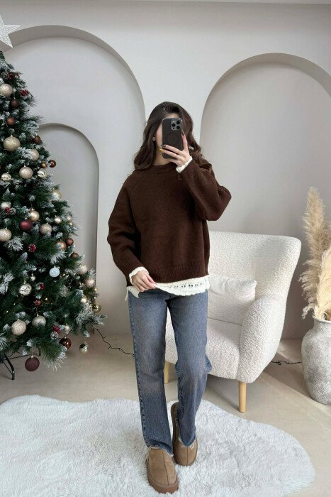 KNIT DETAIL SIMPLE WOMEN SWEATER BROWN/KAFE - 1