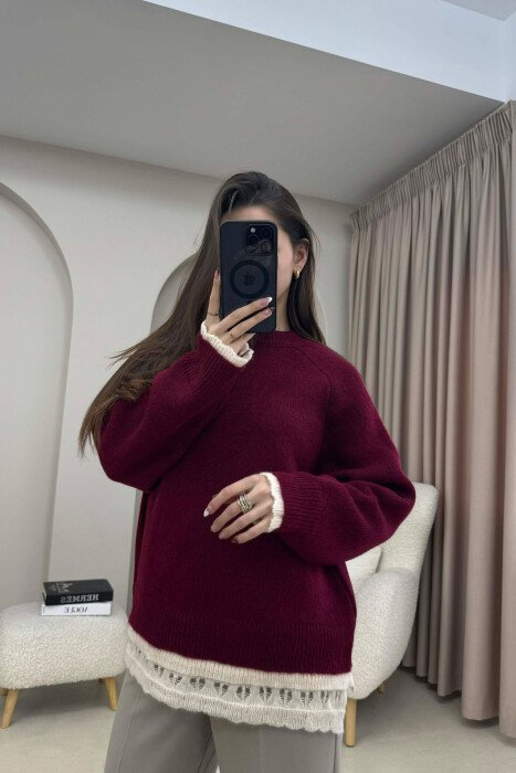 KNIT DETAIL SIMPLE WOMEN SWEATER BURGUNDY/VISHNJE - 1