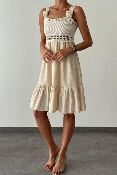 KNIT DETAIL WOMEN DRESS CREAM/KREM - KLAUDIO FASHION