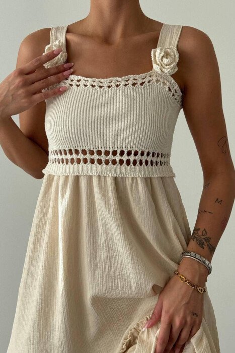 KNIT DETAIL WOMEN DRESS CREAM/KREM - 2