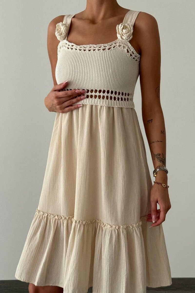 KNIT DETAIL WOMEN DRESS CREAM/KREM - 3
