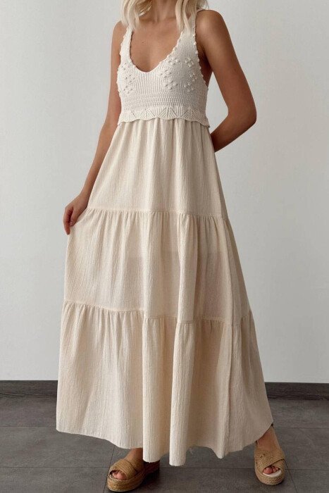 KNIT DETAIL WOMEN LONG DRESS CREAM/KREM - KLAUDIO FASHION