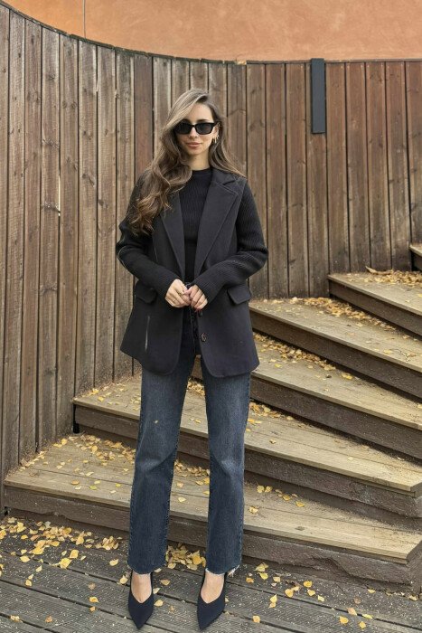 KNIT SLEEVE DETAIL ONE COLOR WOMEN JACKET BLACK/ E ZEZE - 1
