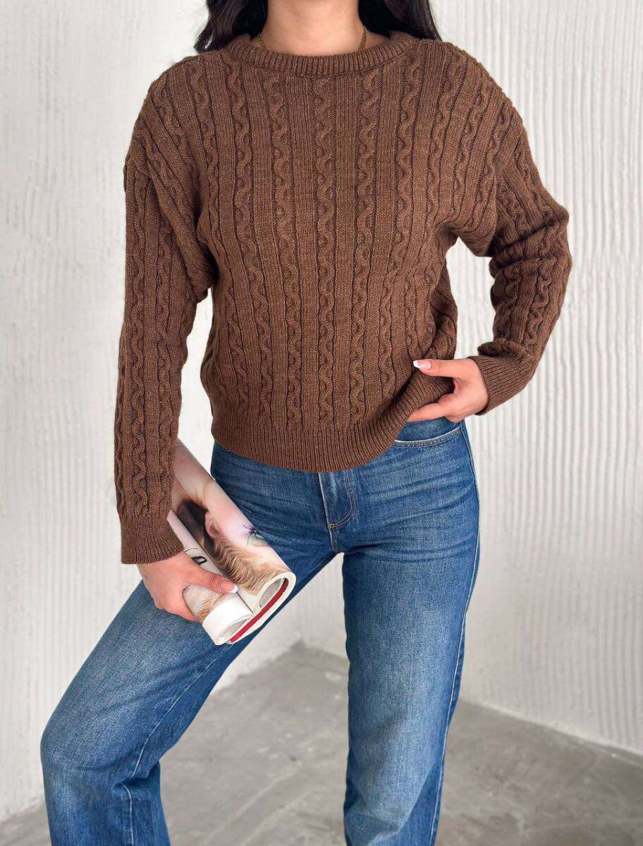 ONE COLOR KNITTED ROUND NECK WOMEN SWEATER BROWN/KAFE - 1
