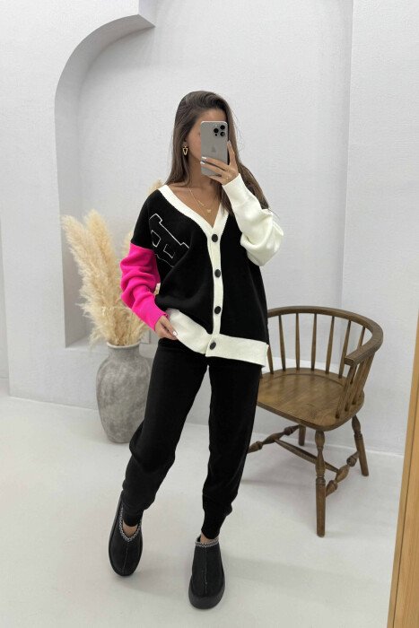 B LETTER CARDIGAN+TROUSERS KNIT WOMEN SET BLACK/ E ZEZE 