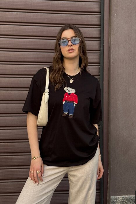 KNITTED BEAR IMAGE WOMEN T-SHIRT BLACK/ E ZEZE - 1