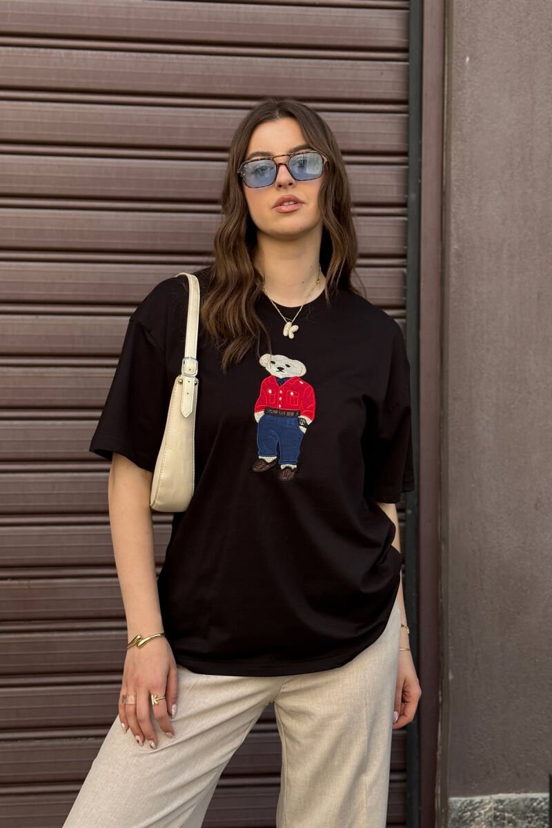 KNITTED BEAR IMAGE WOMEN T-SHIRT BLACK/ E ZEZE - 1