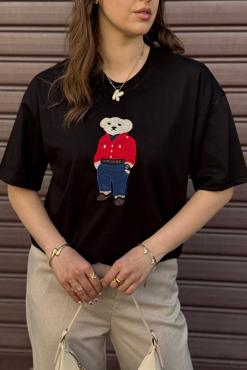 KNITTED BEAR IMAGE WOMEN T-SHIRT BLACK/ E ZEZE - 2